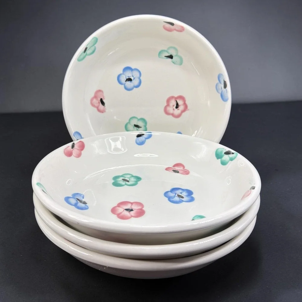 Pier 1 Imports Hand Painted Italy Floral Pasta Bowls Set of 4 White Blue Pink‎